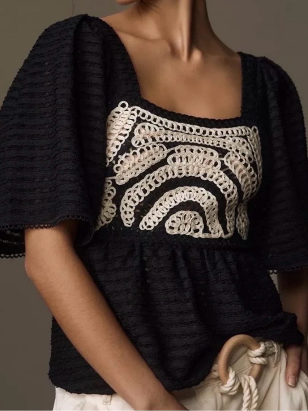 Anthropologie | Sarah Hann Black Peasant Top with White Crochet Panel